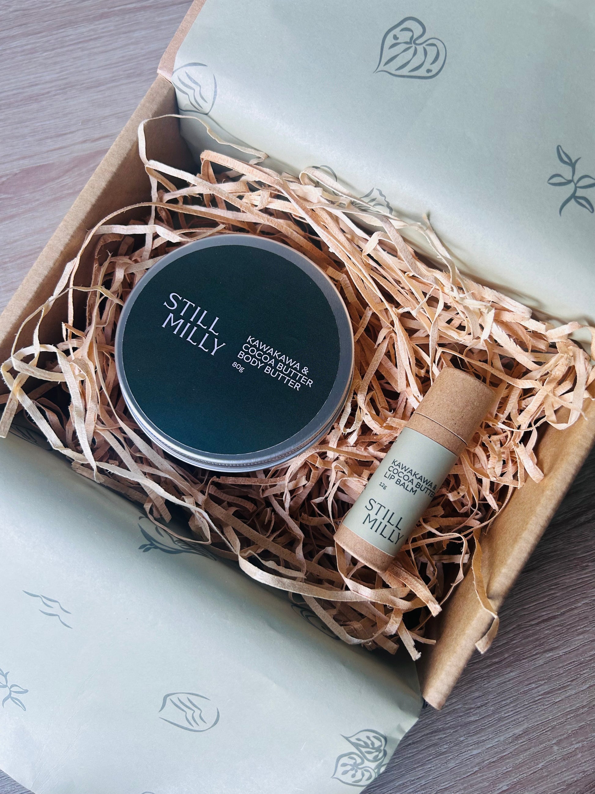 Still Milly natural, eco-friendly gift box with Kawakawa body butter and lip balm.