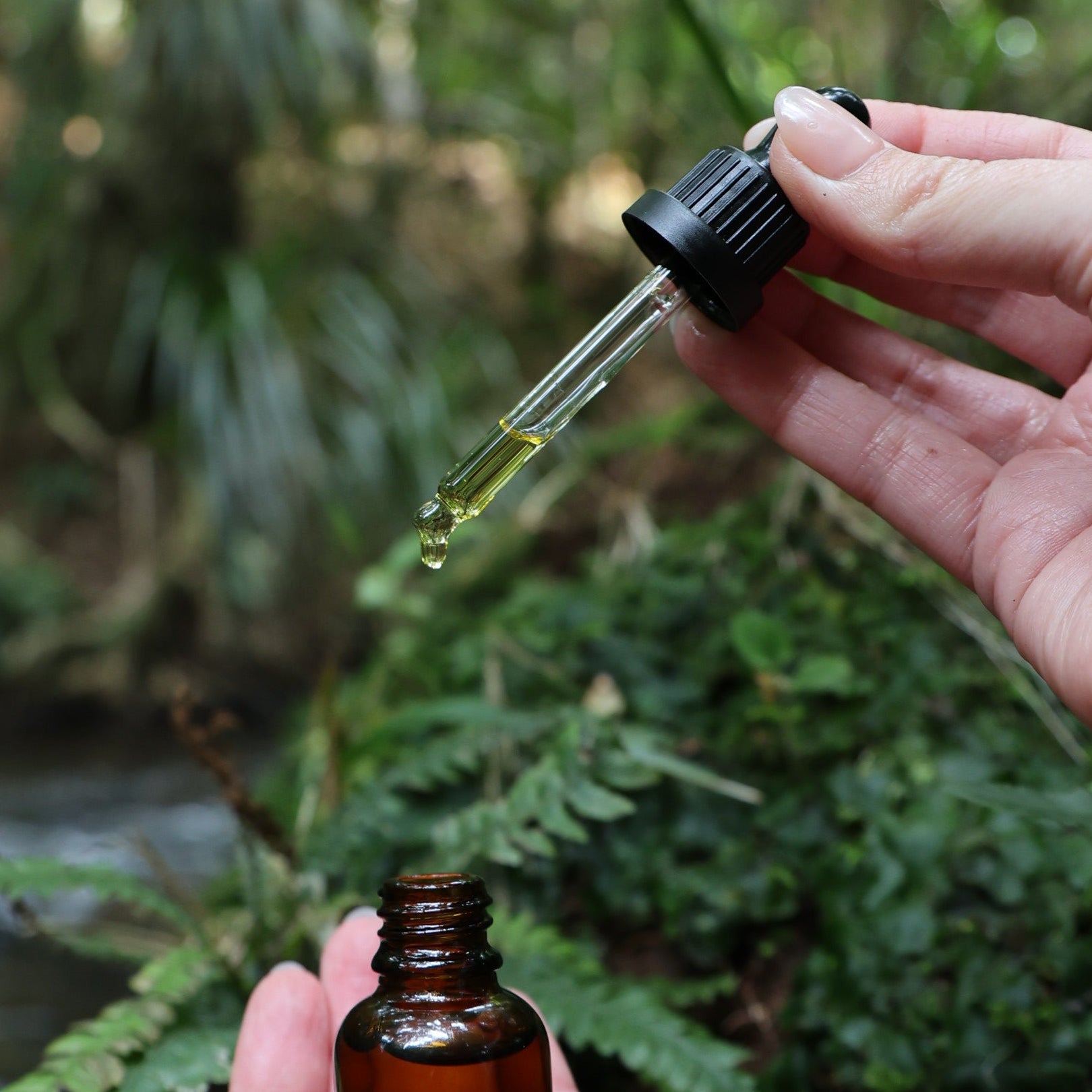 Hand holding a dropper with a liquid over a small bottle against a natural background